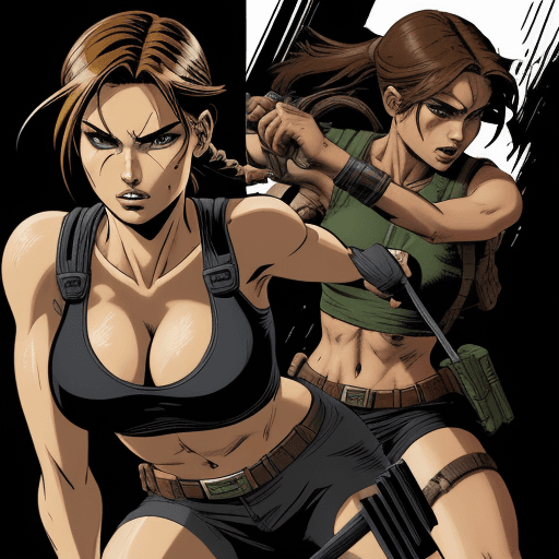 AI generated: lara croft, in the style of comic book-style art, bold, manga-inspired characters, close up, cartoon...
