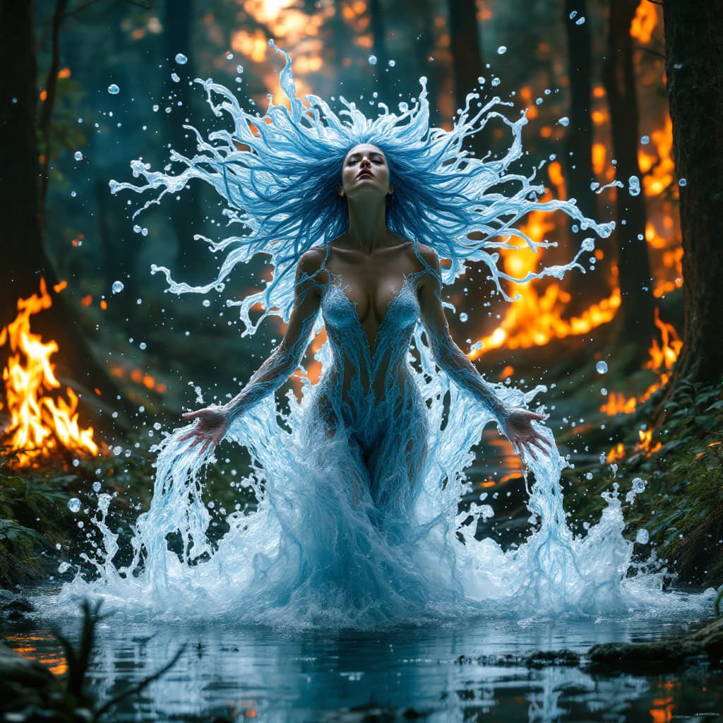 AI generated: elemental being, queen
 of water, realistic water hair, water skin, fighting a huge forest fire, sta...