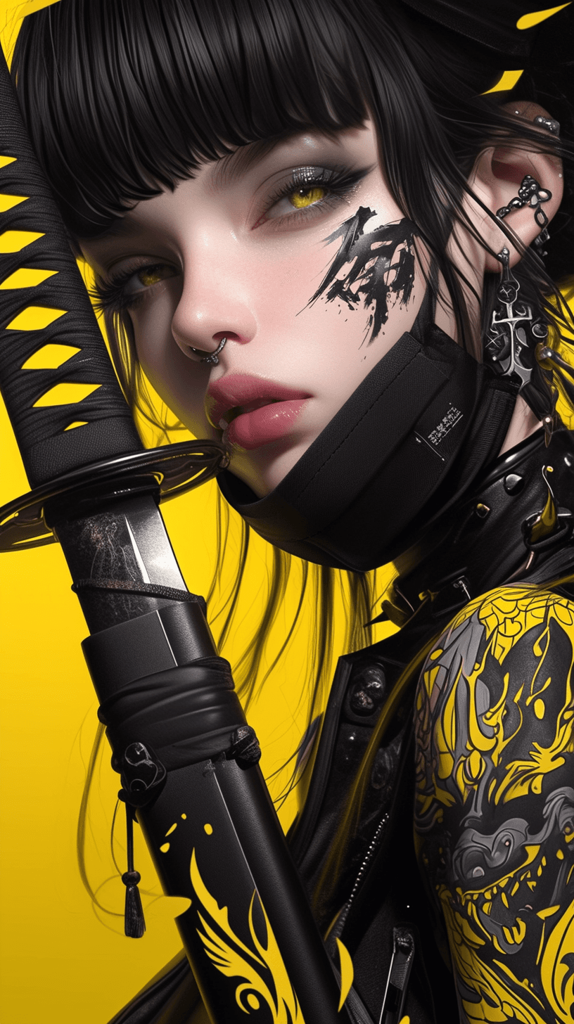 AI generated: Editorial Vivienne Tam photography of a gothic punk rebel Japanese [woman] with neon yellow and blac...