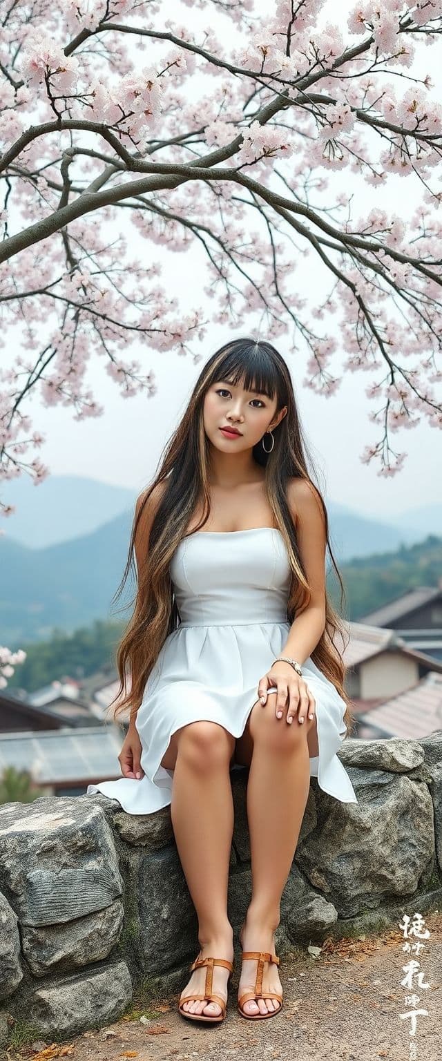 AI generated: A person, korean ulzzang face, japanese girl, sitting on the stone, long hair, bangs, multi color ha...