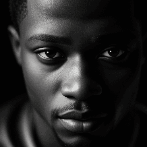 AI generated: wallpaper, high texture quality photo of black man, staring at camera, extreme close-up, black and w...