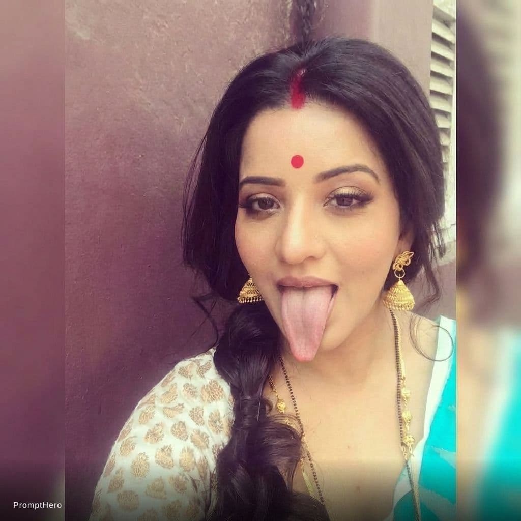 AI generated: Edit this by making her tongue out slightly longer wide realistic but maintaining the original image...
