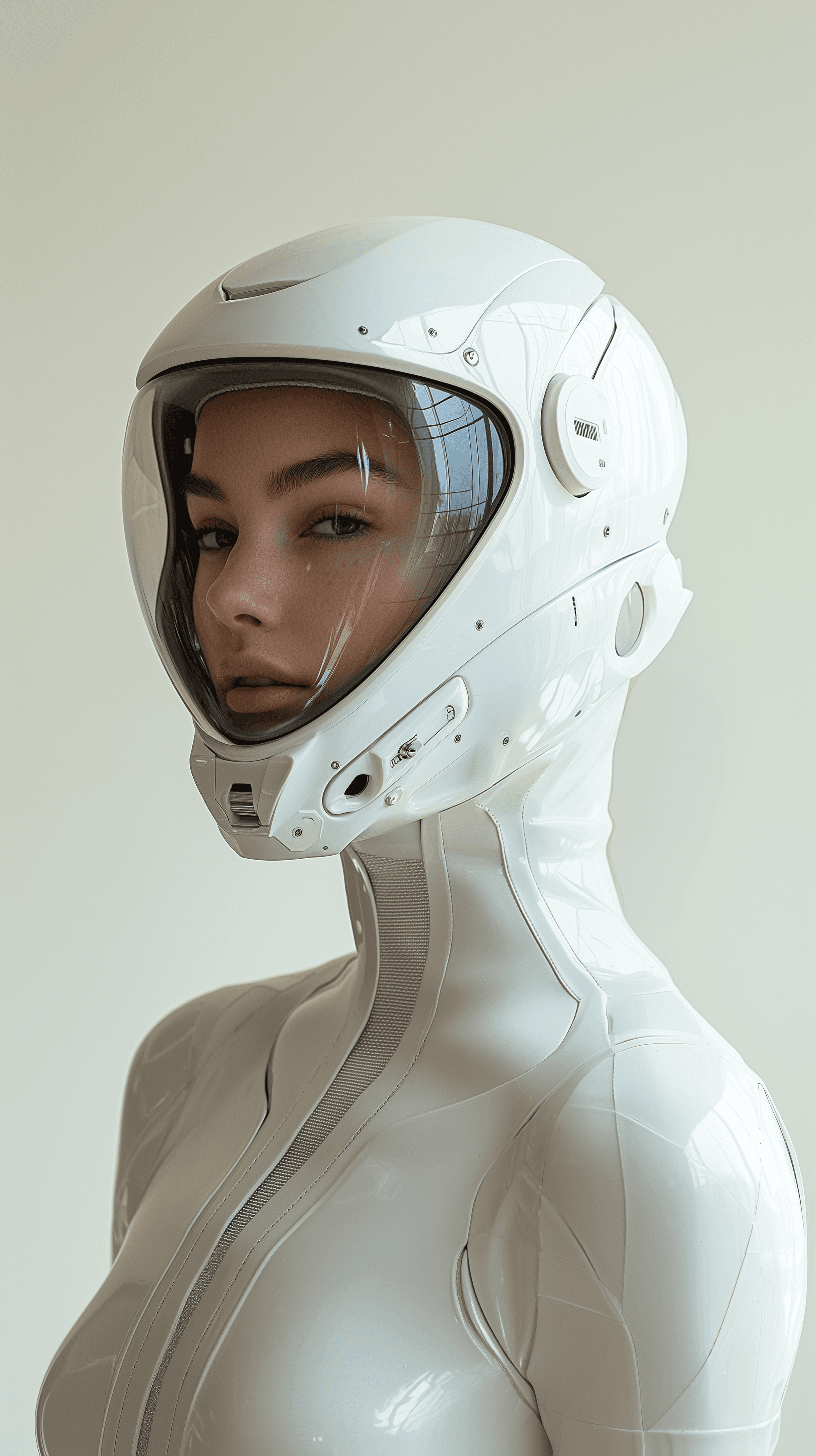 AI generated: high resolution photography, portrait of a female model, wearing a futuristic white and helmet, stud...