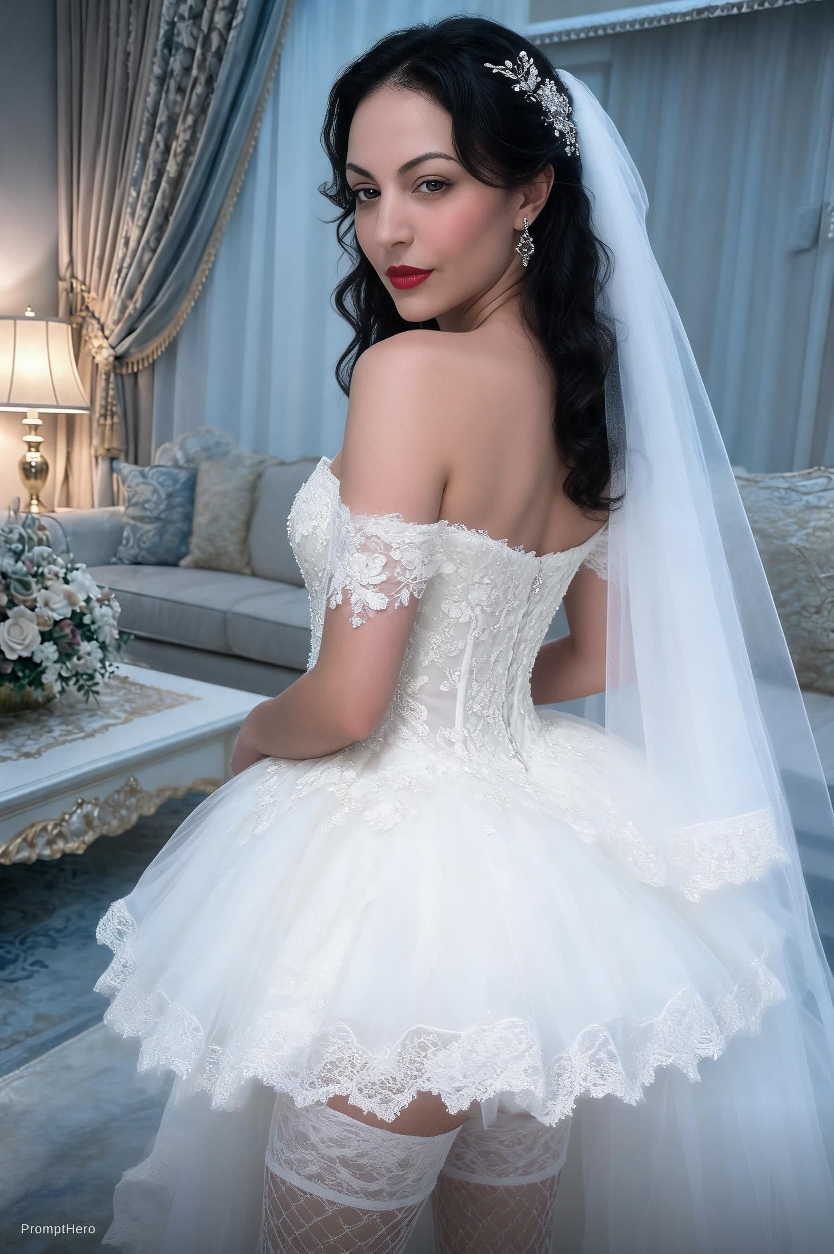 AI generated: Cinematic bridal photography, soft diffused indoor light, cool blue grey ambient light, warm skin to...