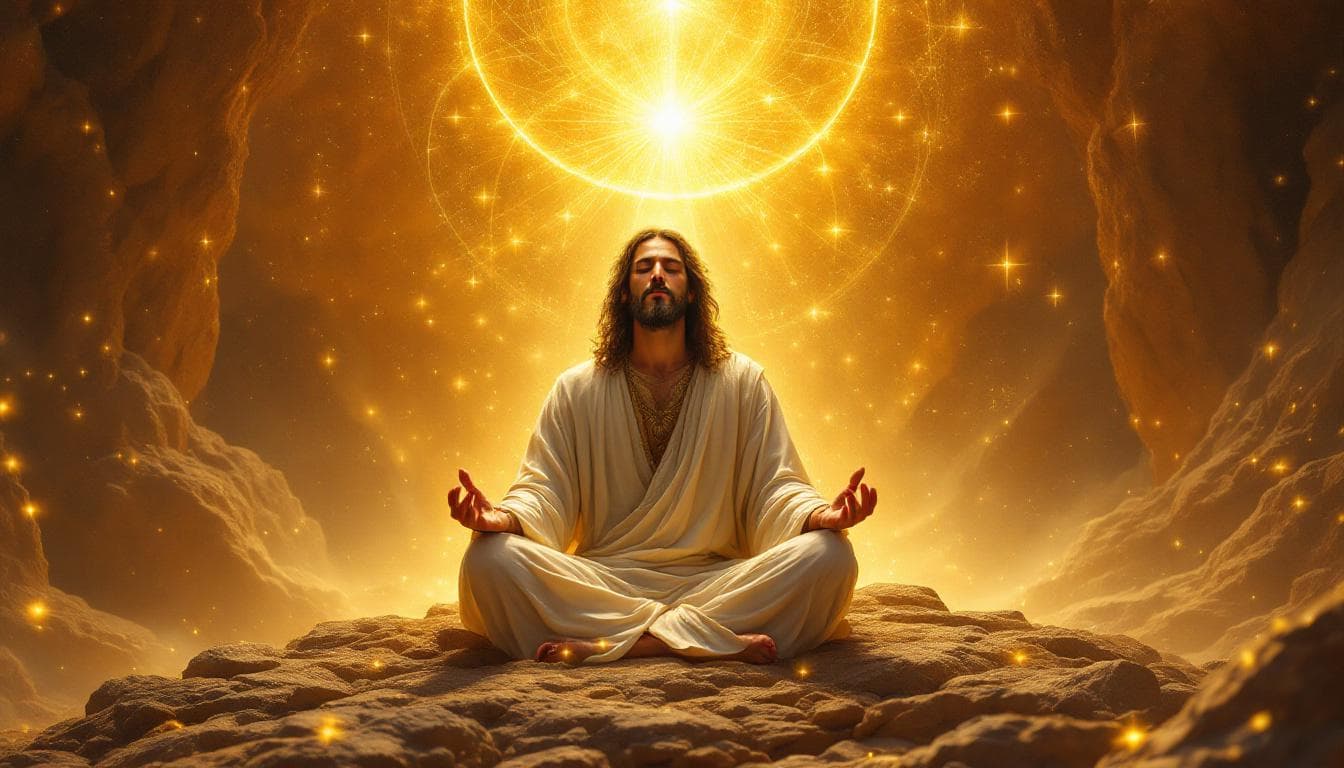 AI generated: jesus surrounded by divine light in a medieval style fantasy world in the dessert  send on the rocks...