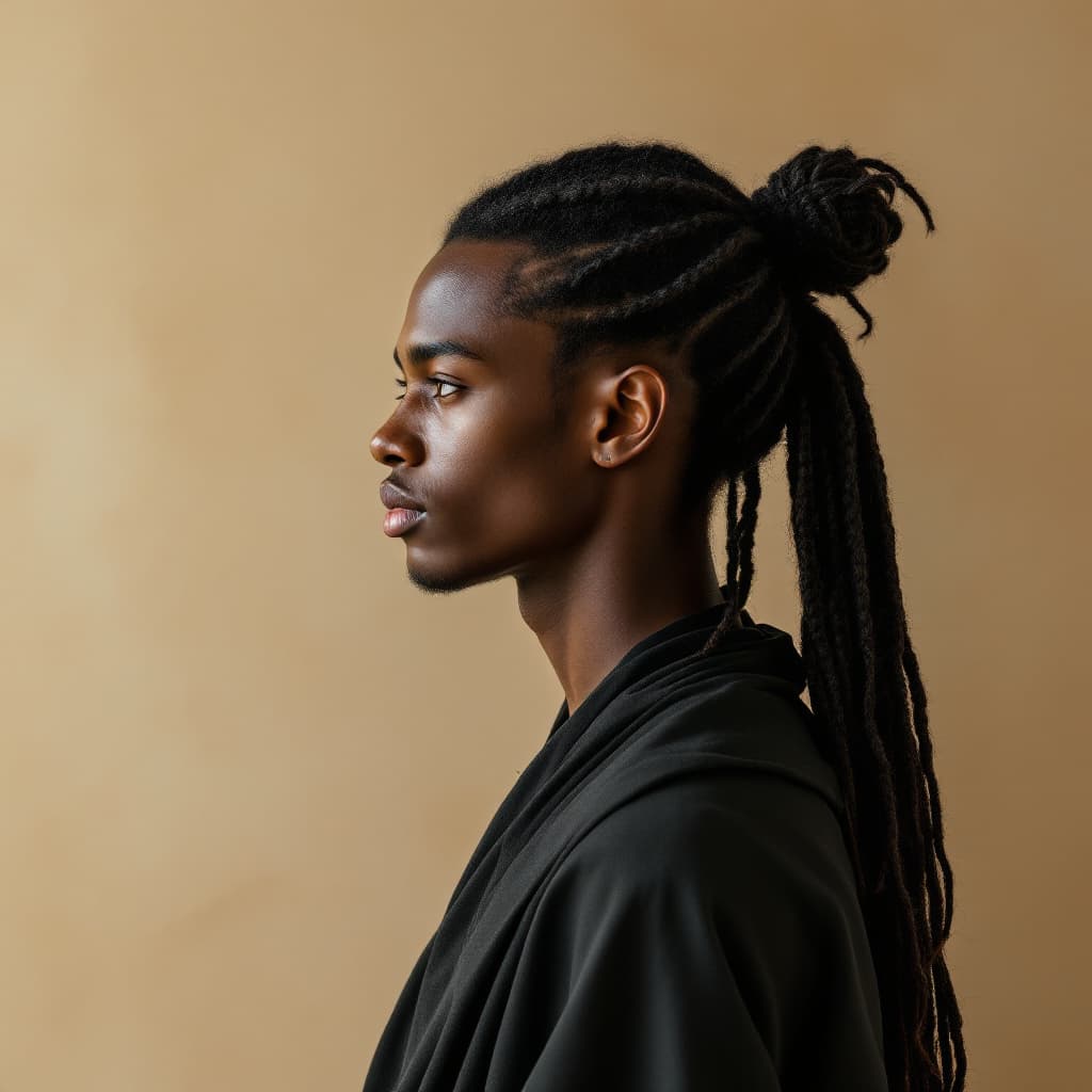 AI generated: Profile portrait of a young man with long, dark, textured hair tied in a loose bun, featuring multip...