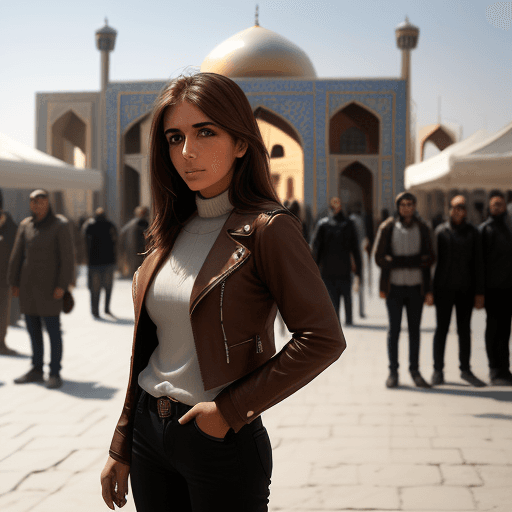 AI generated: Brown and white street photography of an attractive woman in leather jacket, standing middle of Imam...