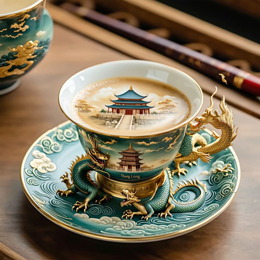 AI generated: A coffee cup and saucer with a Dragon and a Phoenix facing each other are decorated with the words "...