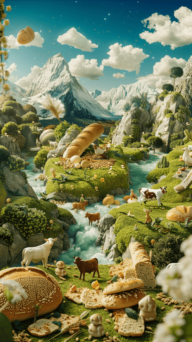 AI generated: Poster with the theme of culinary adventure. Creamy vegetation in the background forms mountains, ri...