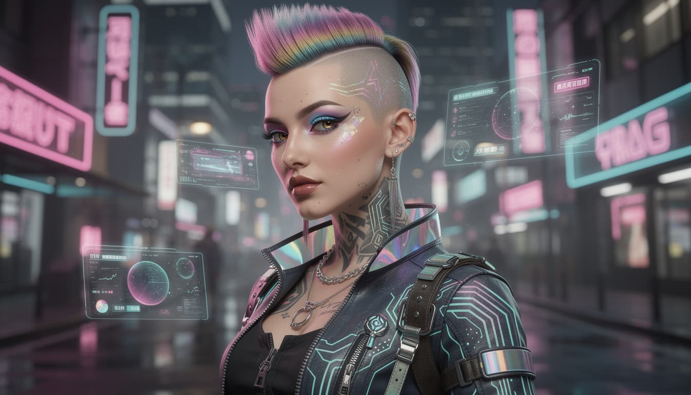 AI generated: detailed portrait of Punk girl, standing hair line Sheen Holographic Futuristic sci-fi fashion cyber...