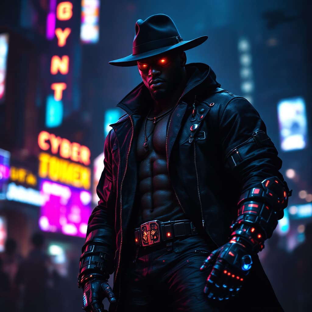 AI generated: photo of a black muscular african soldier with cyberlimbs, cyber arms, black mantle jacket, hat, cyb...
