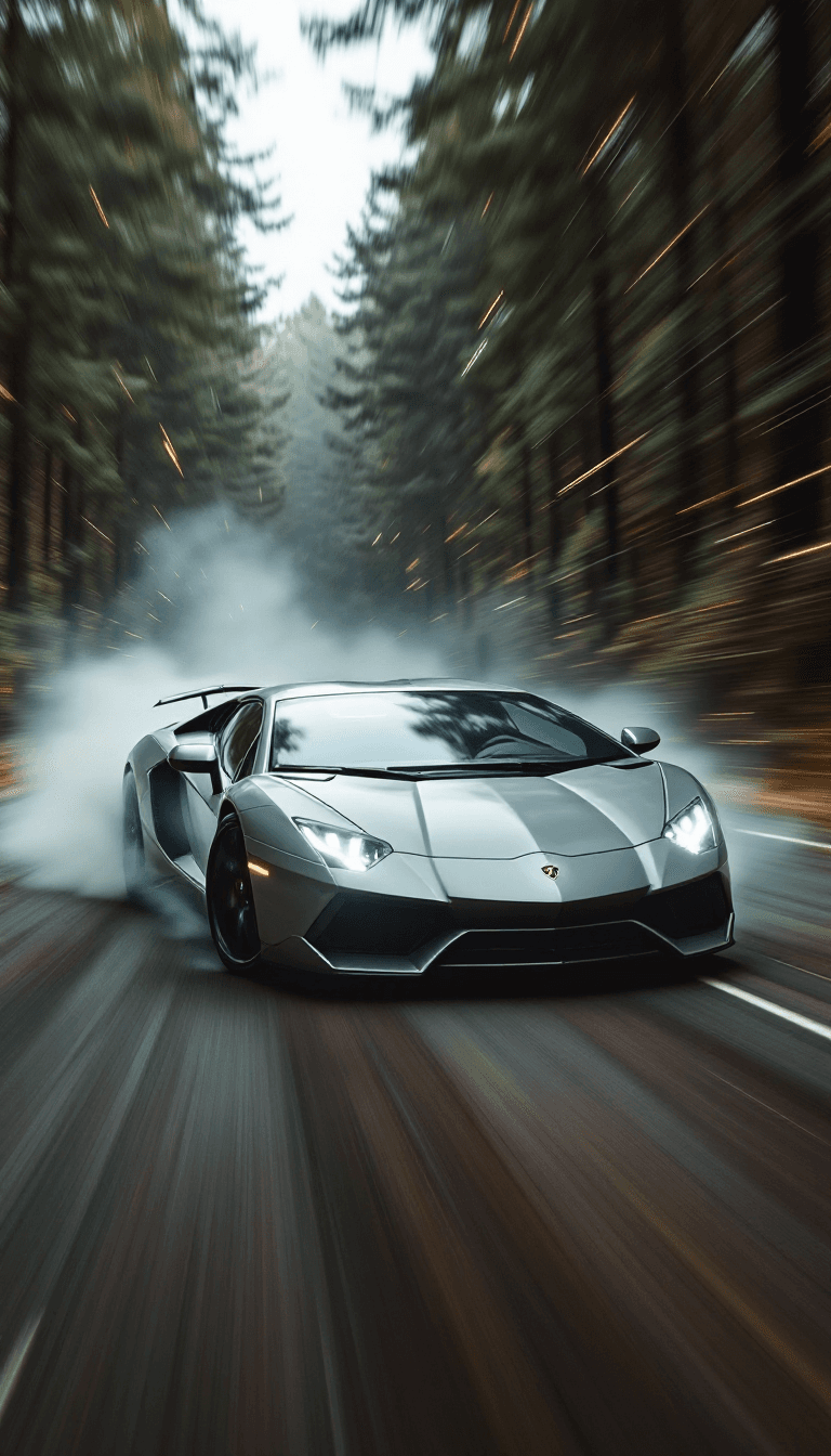 AI generated: A gray Lamborghini hurricane does drifts in a forest in the style of a grainy film filter effect. It...