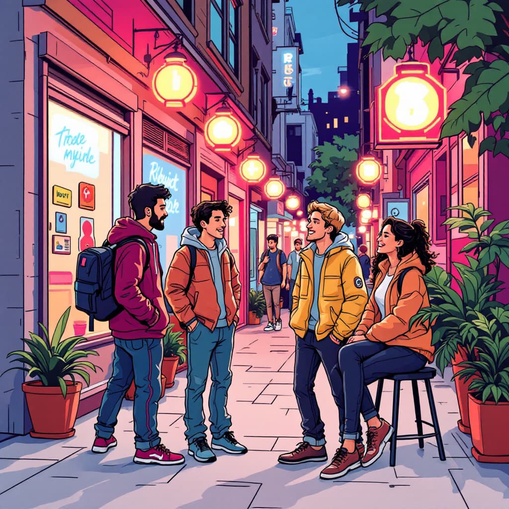 AI generated: A hand-drawn illustration of friends talking and lugthing about interest, cartoon feel, urban street...