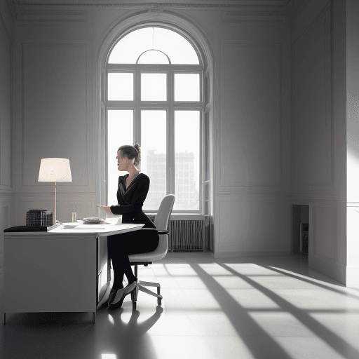 AI generated: A chic spacious office of a new generation, with beautiful furniture, bright sun shining through a l...