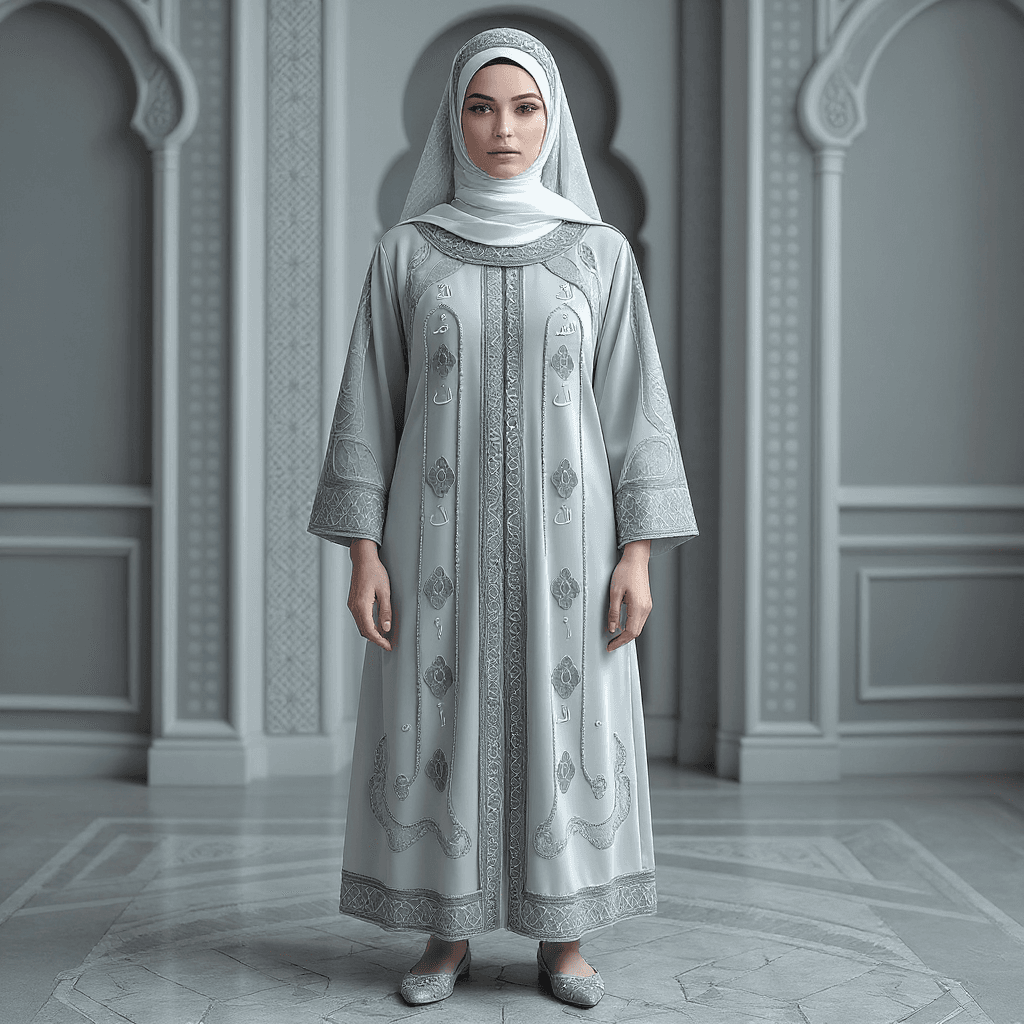 AI generated: Beautiful arab woman, model, showing her full body, wearing a simple and beautiful decorated robe an...