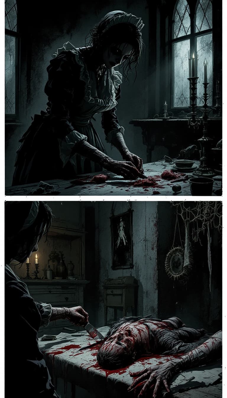 AI generated: A shadowy, chilling montage: a Victorian maid, her face partially obscured by darkness, works in gri...