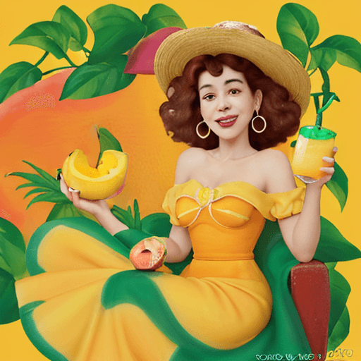 AI generated: Lion hold a Mango juice,  Mnagos fruits, laughing, funny and commercial. Mango color background. Pix...