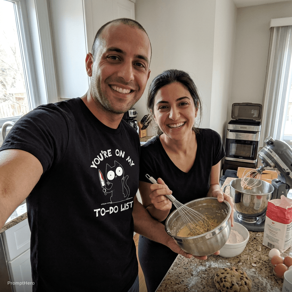 AI generated: with Sally Özcan in a kitchen, baking 