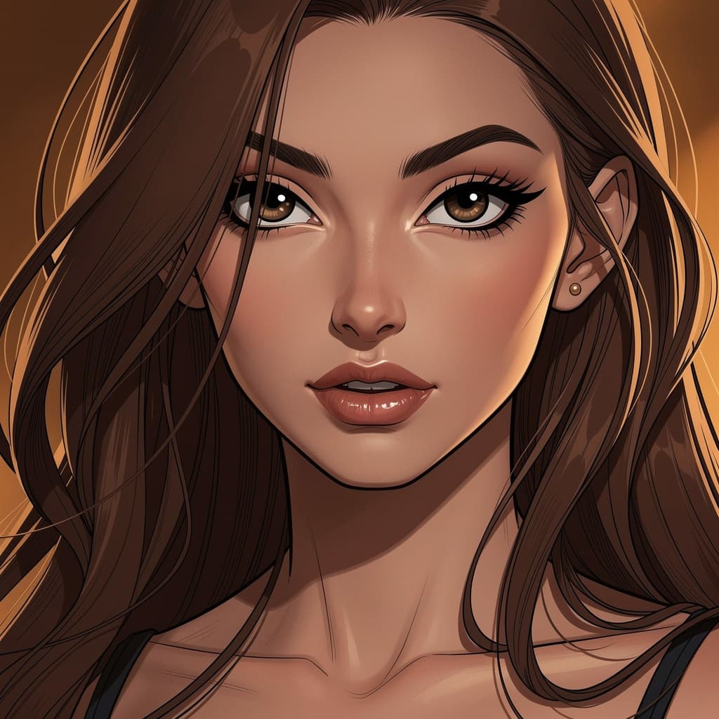 AI generated: an illustration of a woman with long brown hair,in the style of ingrid baars,j.scott campbell,dark b...