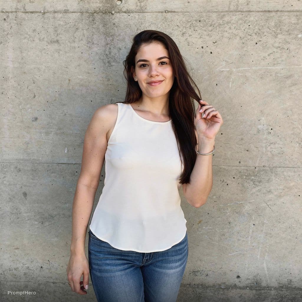 AI generated: A woman with long brunette hair and fair skin is captured in a candid moment. She's wearing a very l...