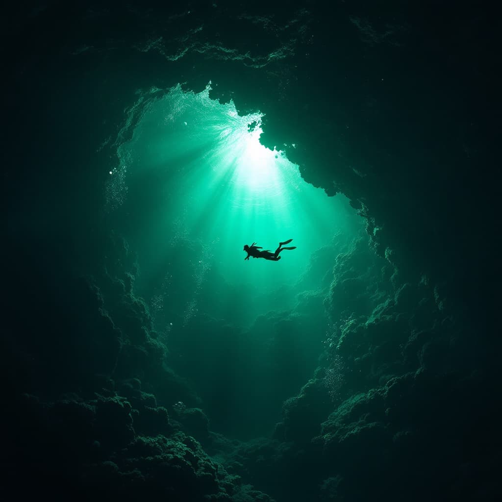 AI generated: emerald color serene underwater scene depicting a lone diver, floating gracefully in a beam of sunli...
