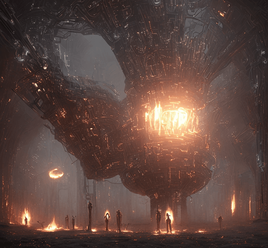 AI generated: 2  iron Mech are walking thru the big fire   in the tight  corridor  in a futuristic Alien spaceship...