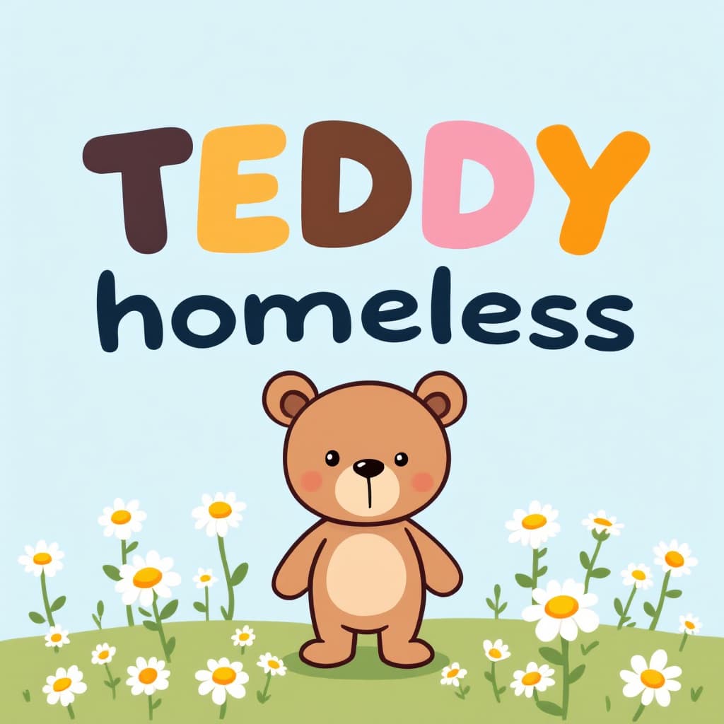 AI generated: A cute cartoon teddy bear standing in a field of daisies. The background is a light blue sky. The te...