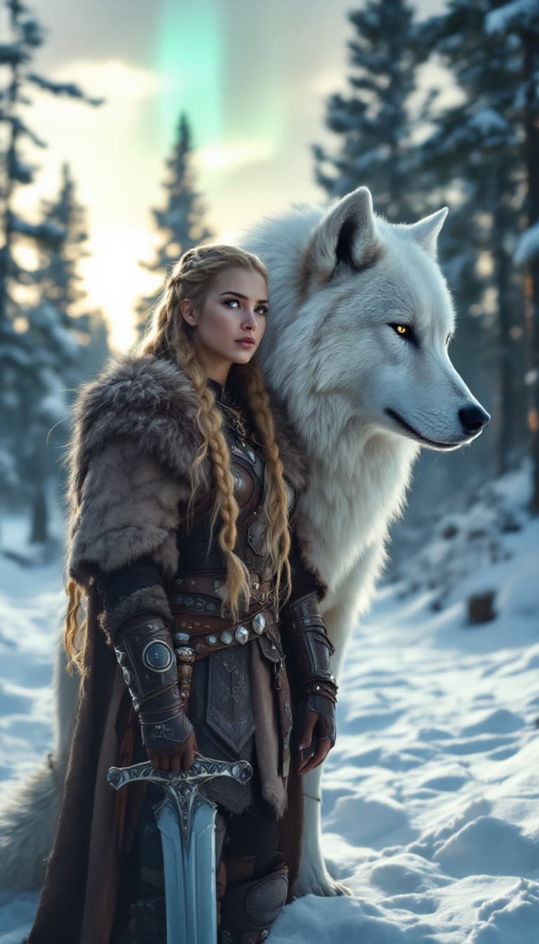 AI generated: A Viking warrior woman with long golden braids, dressed in intricately detailed leather and fur armo...