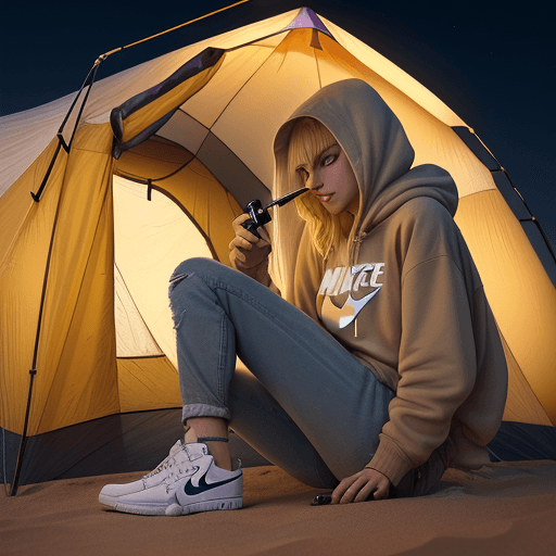 AI generated: 30-year-old European girl, with blonde hair, hoodie, jeans and Nike Air Force on her feet, vaping wi...