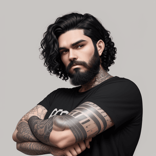 AI generated: a man with curly black hair and short beard in black shirt with her arms folded against , in the sty...