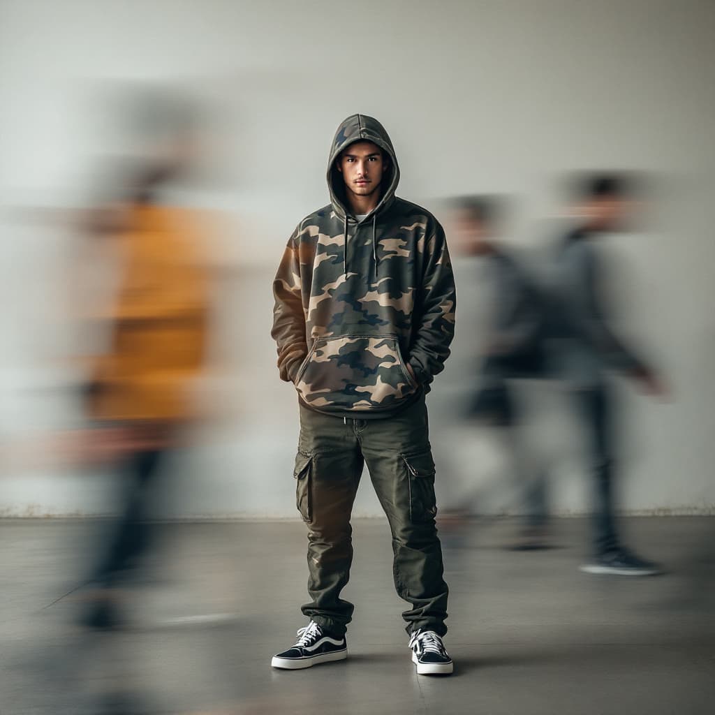 AI generated: photography, snap shot, male model, front pose, full-body, surrounded by a blurred motion, wearing c...