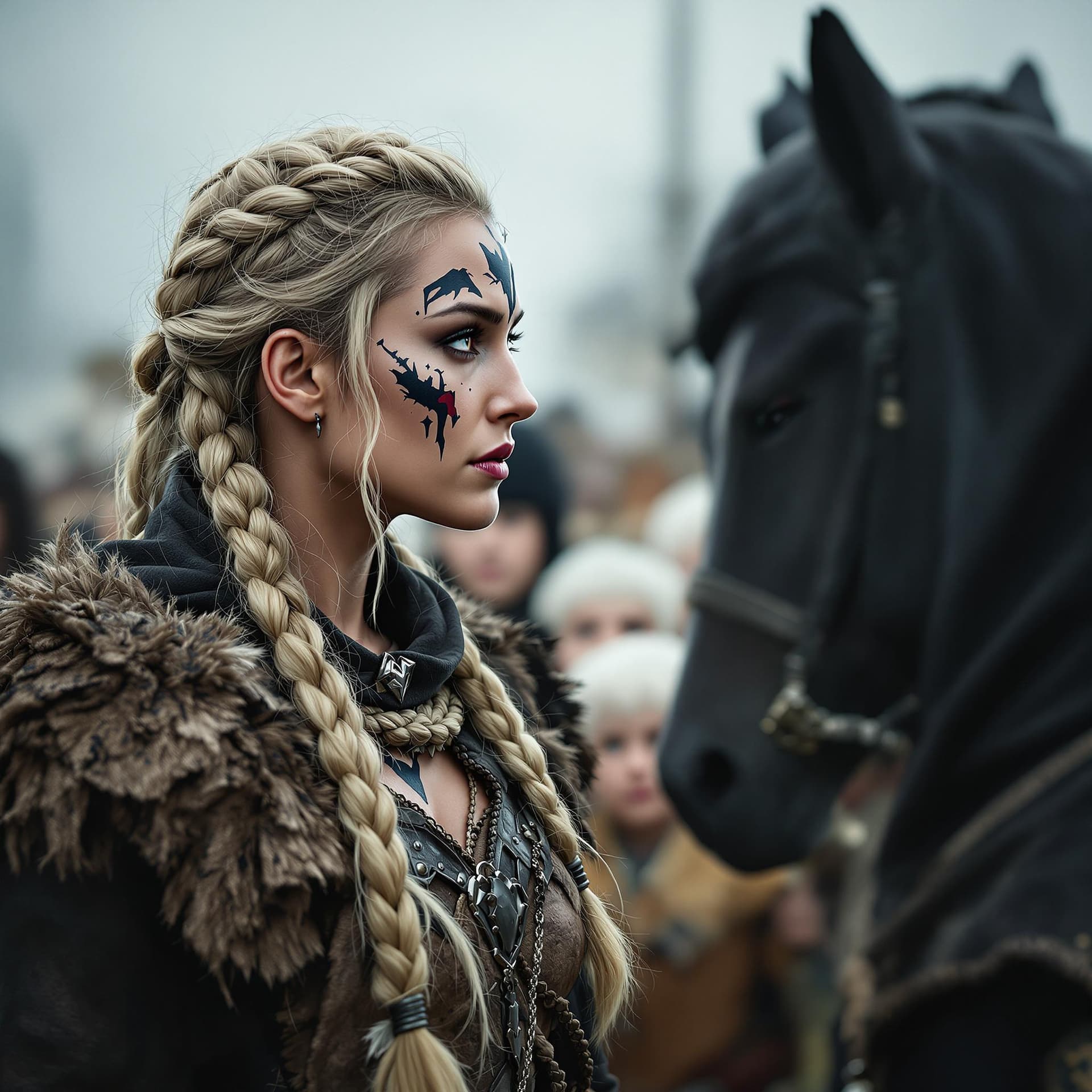 AI generated: a viking warrior woman with braided hair, war paint on her face, feathers in her long blonde braid, ...
