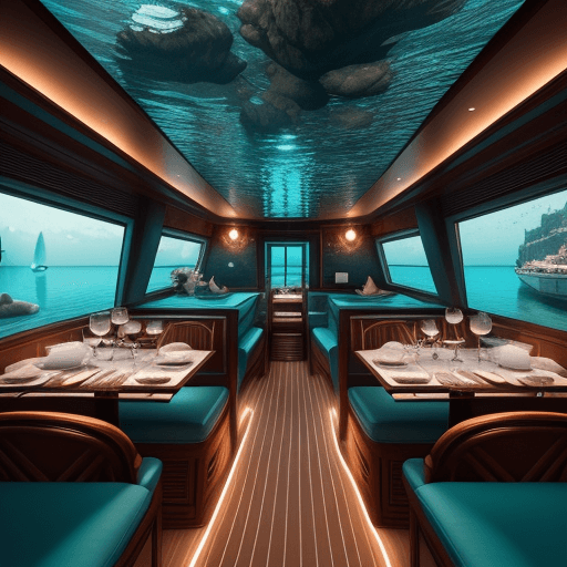 AI generated: luxury underwater boat, aquamarine environment, restaurant in the boat; 8k, intricate detail, photor...