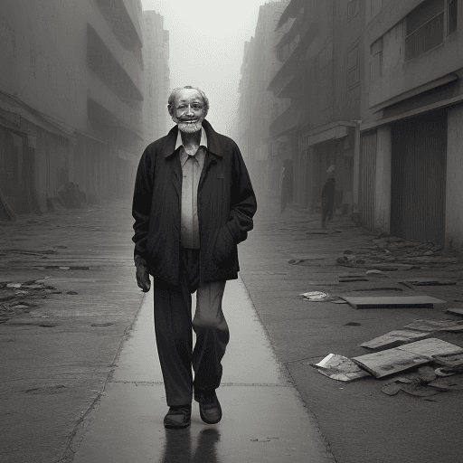 AI generated: An old man walking and facing the camera with old clothes and a subtle smile with a background of a ...