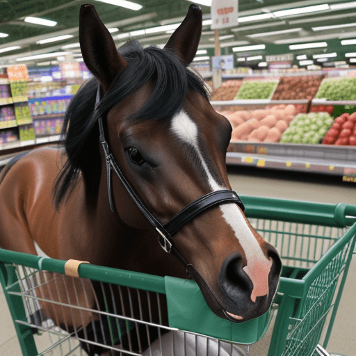 AI generated: High resolution photography of a horse being sold inside a supermarket cart.