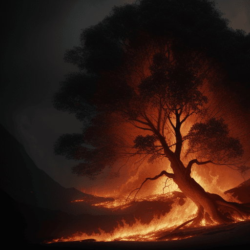 AI generated: tree on fire, high detail, cinematic lighting, realistic, 4k, high definition, crisp, black smoke, s...