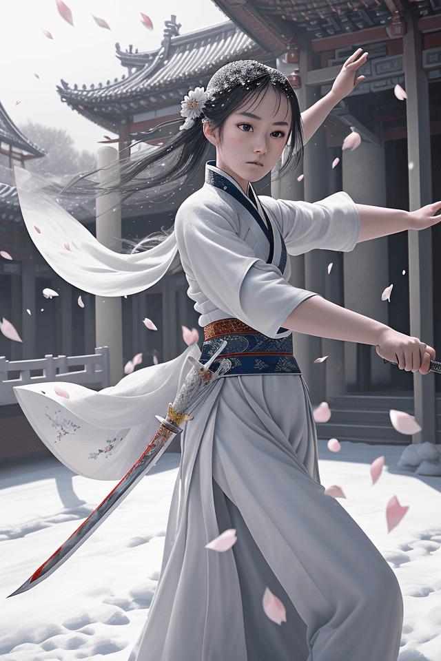 AI generated: Snow, petals flying in the air, a girl fighting with asword, she defends herselfwith a sword, in the...