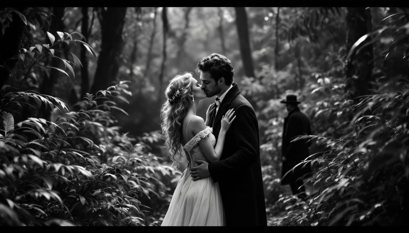 AI generated: HIGH DEFINITION - BLACK AND WHITE - camera shots from  behind - A BEAUTIFUL white WOMAN IN WHITE GOW...