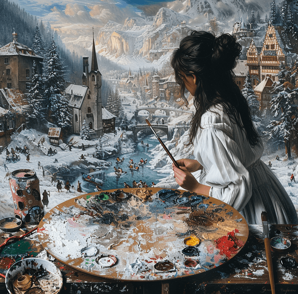 AI generated: The painter's palette is an artistically arranged scene of various painting tools, with the woman in...