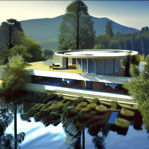 AI generated: A splendid modern James Bond mansion on the top of a mountain in forest country-side shown in the mo...