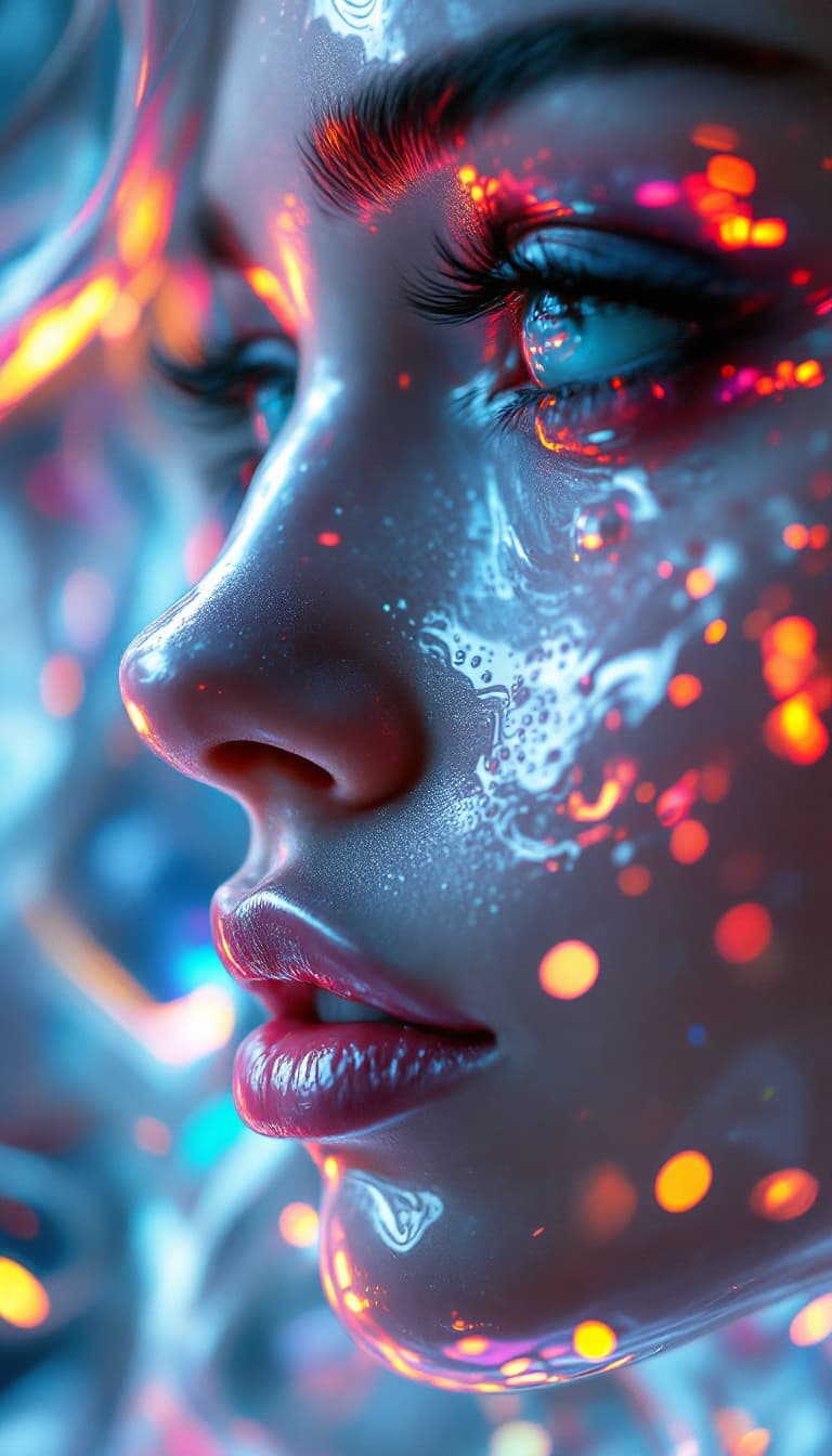 AI generated: Close up of a mesmerizing Female liquid mercury macro complex angles, portal to female shape-shiftin...