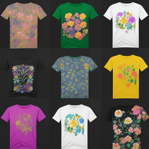 AI generated: A vibrant and eye-catching selection of colorful floral-themed t-shirts. The shirts feature intricat...
