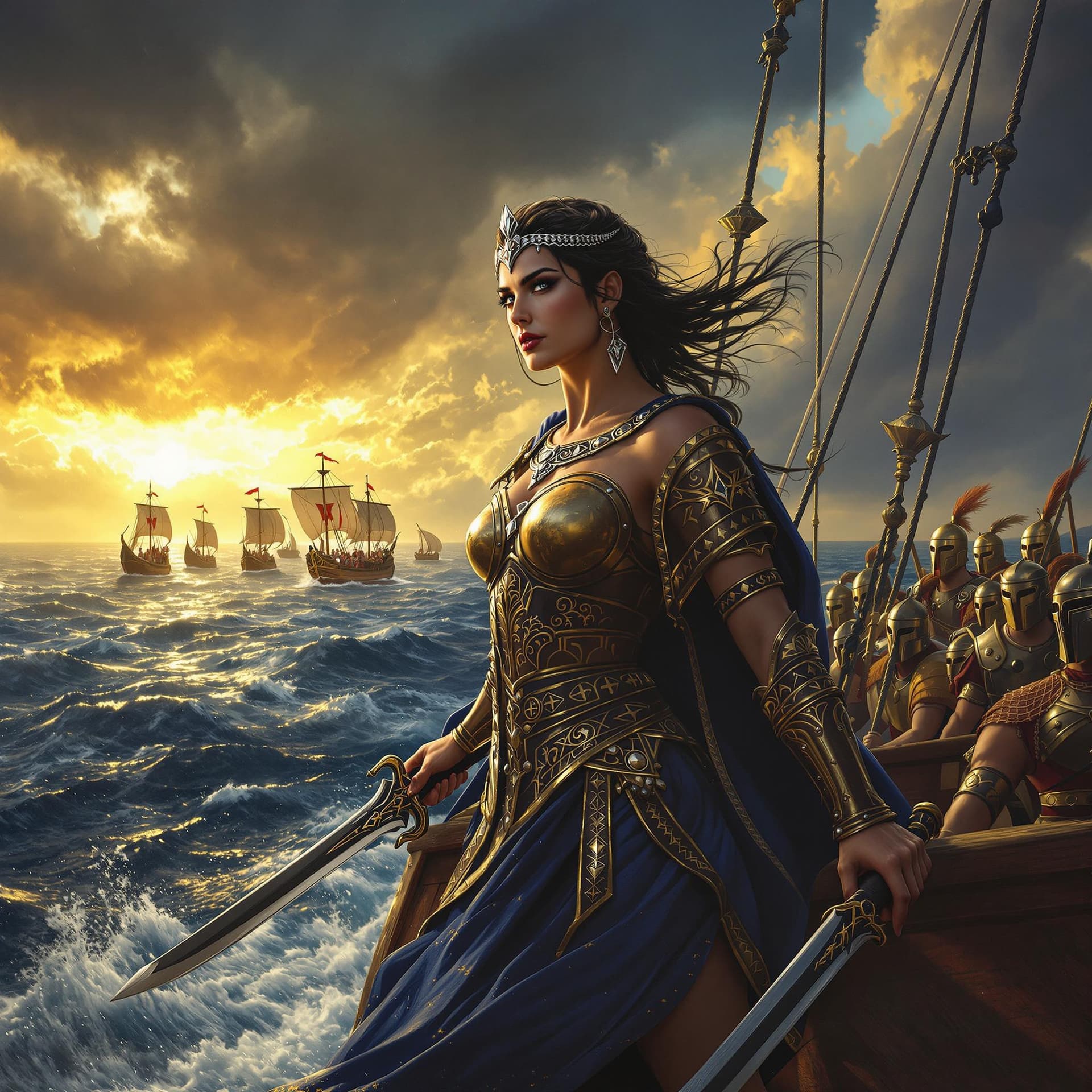 AI generated: Prompt: A powerful and determined Queen Teuta of Illyria stands at the prow of her warship, sailing ...