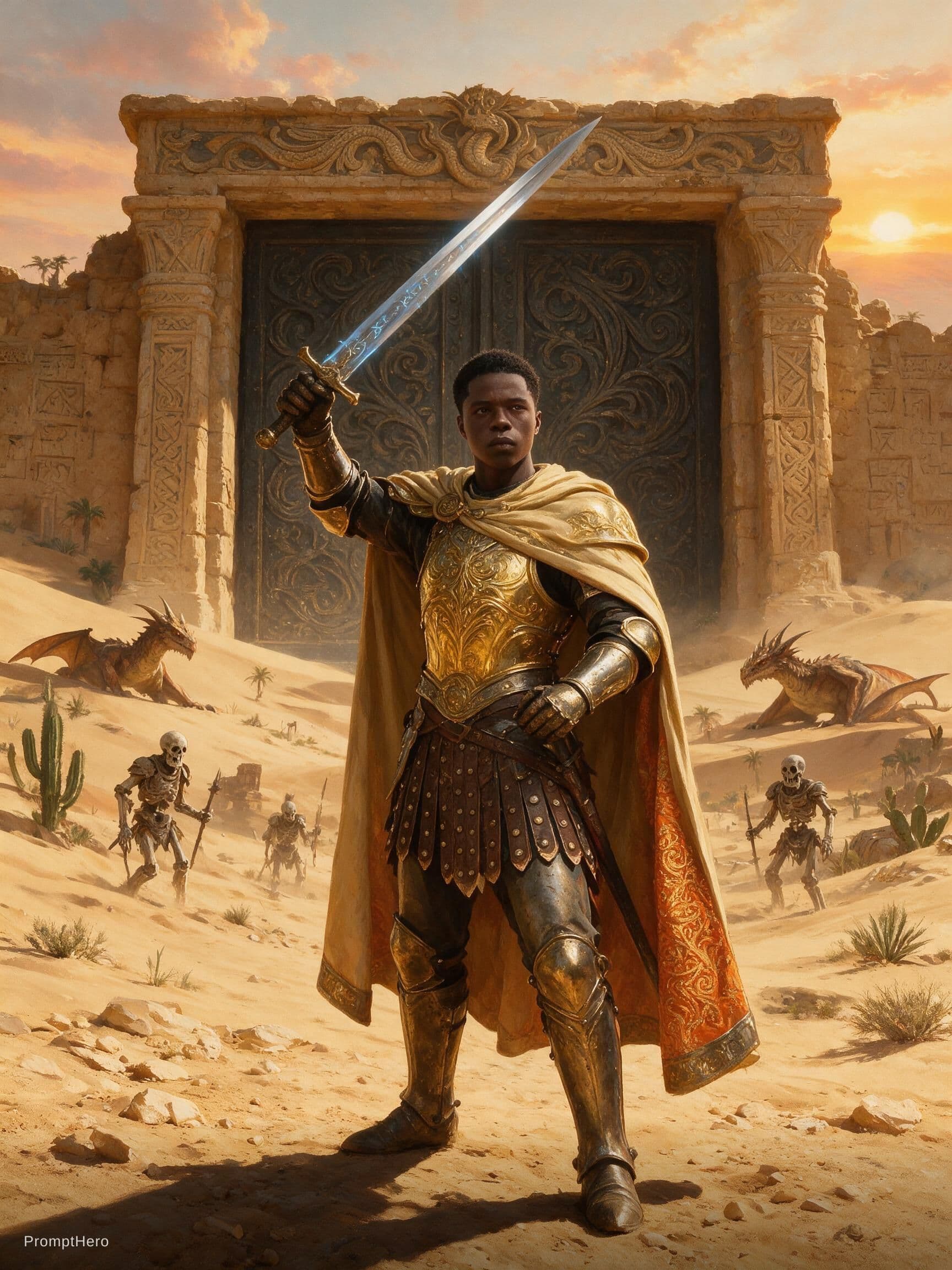 AI generated: A painting in the style of Michael Whelan of an anthropomorphic knight in full armor standing on the...