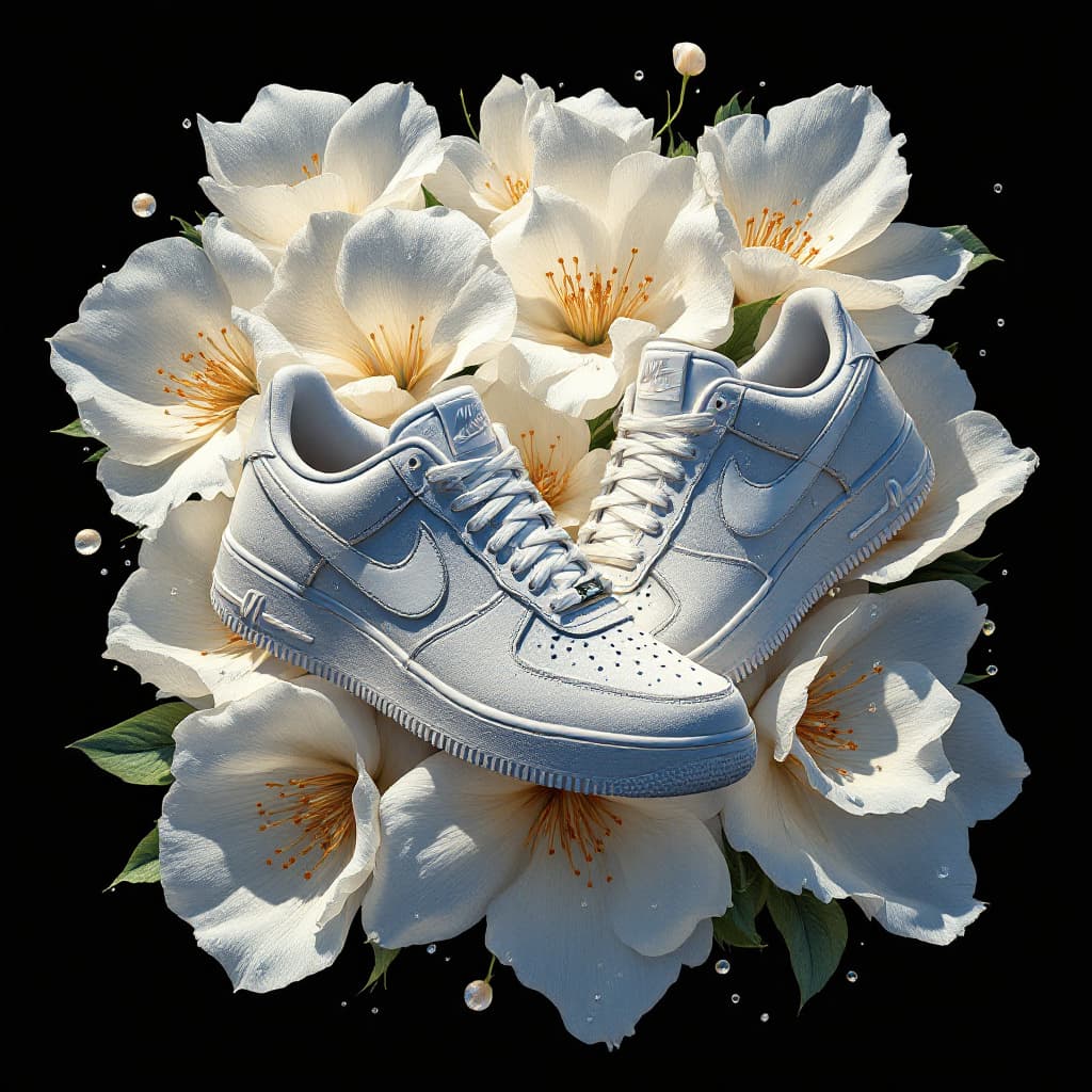AI generated: An artistic and highly detailed illustration of a pair of Nike sneakers arranged with an almost surr...