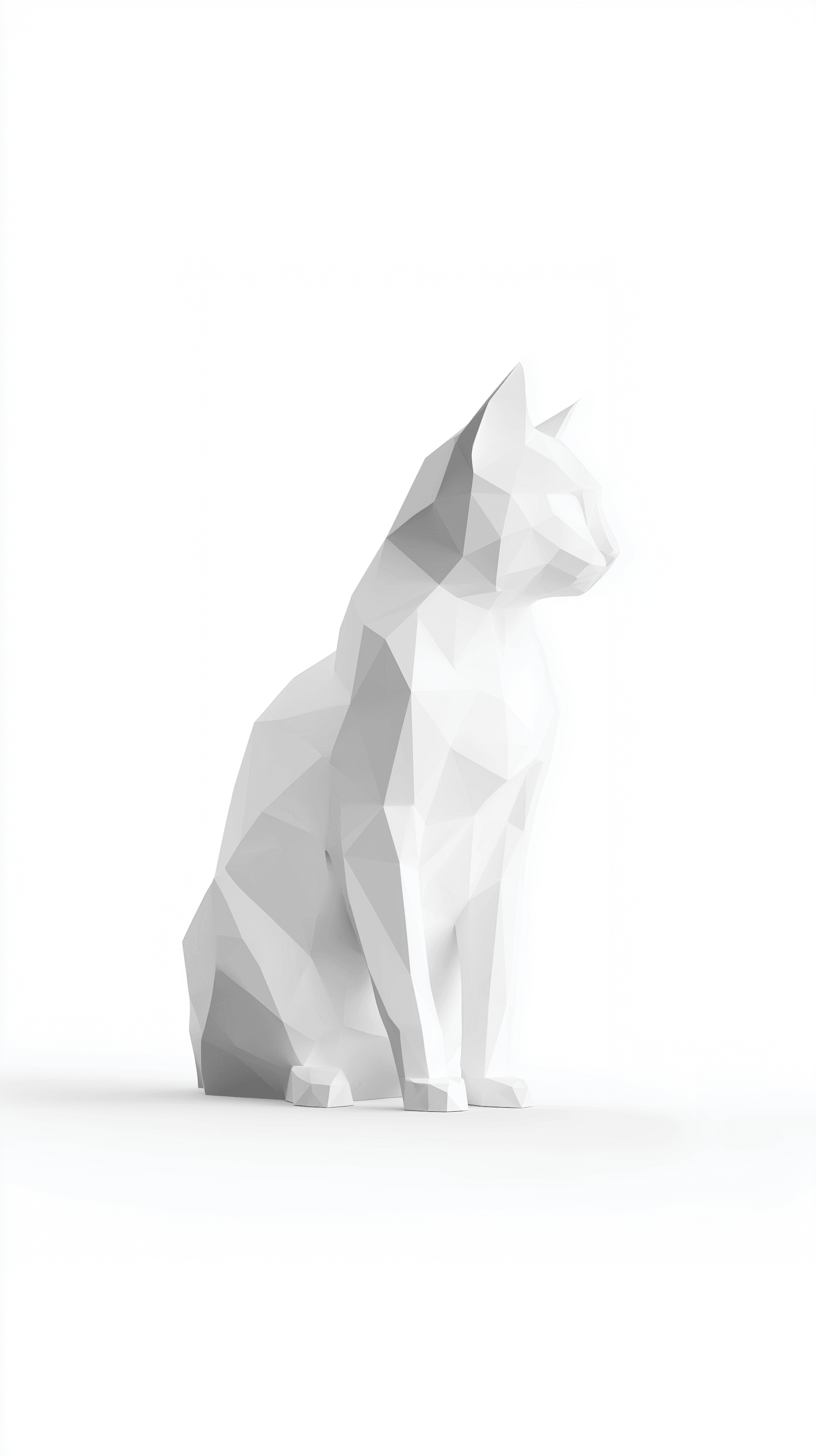 AI generated: rendering, white cat, minimalistic polygon shape, soft white color palette, solid white background, ...
