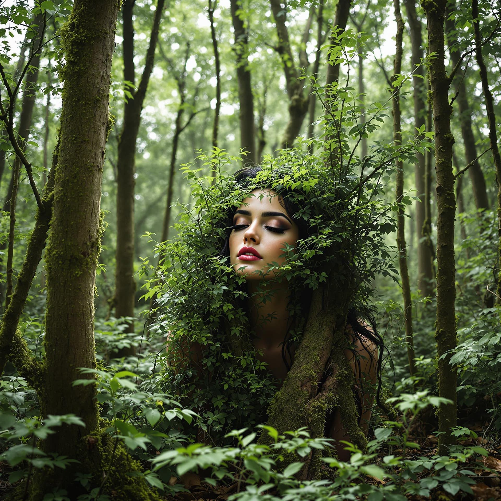 AI generated: A gorgeous woman who is part of the woods, surrounded and melting, emerging from the trees. --sref h...