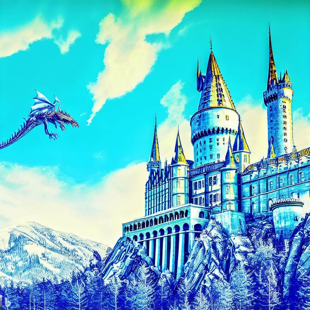 AI generated: Hogwarts (Harry Potter) in the style of, realastic image, swiss style, dieselpunk, light blue bright...