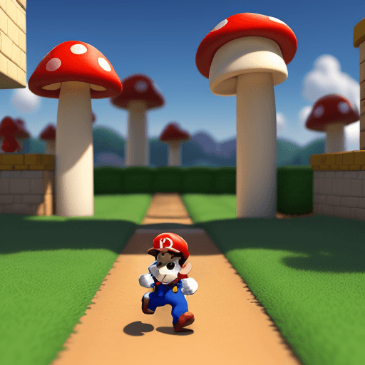 AI generated: Super-Mario running, Mushroom Kingdom background, 32k, closeup, trending on poltcount 3D, game --v 5...