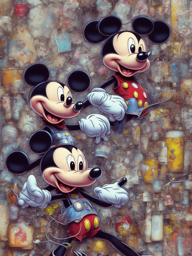 AI generated: Portrait of Mickey Mouse, character design, photorealism, detailed hair, punk art, acid punk, clutte...